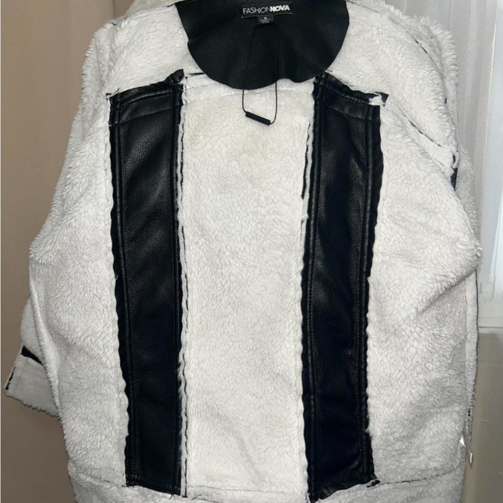 Women's Black and White Shearling Jacket - Picture 6 of 6